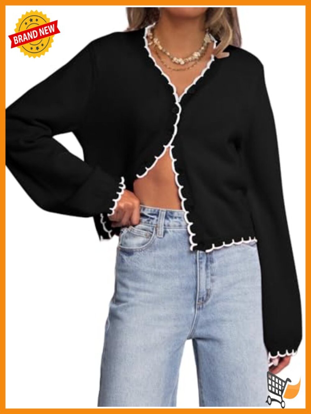 Long Sleeve Cardigan Button Down Knit Jacket Open Front Cropped Contrast Trim